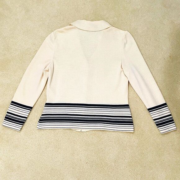 St John Collection Marie Gray Sz 10 Collared Striped Cardigan V-Neck Gold Button - Picture 6 of 13